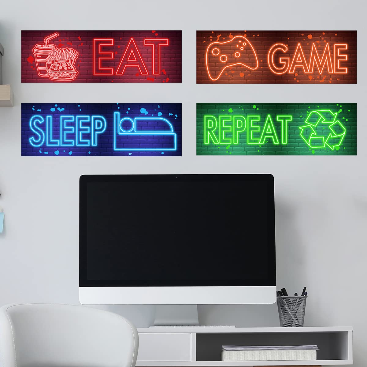 clothmile neon playroom wall art inspires immersive gaming vibes under LED lighting.
