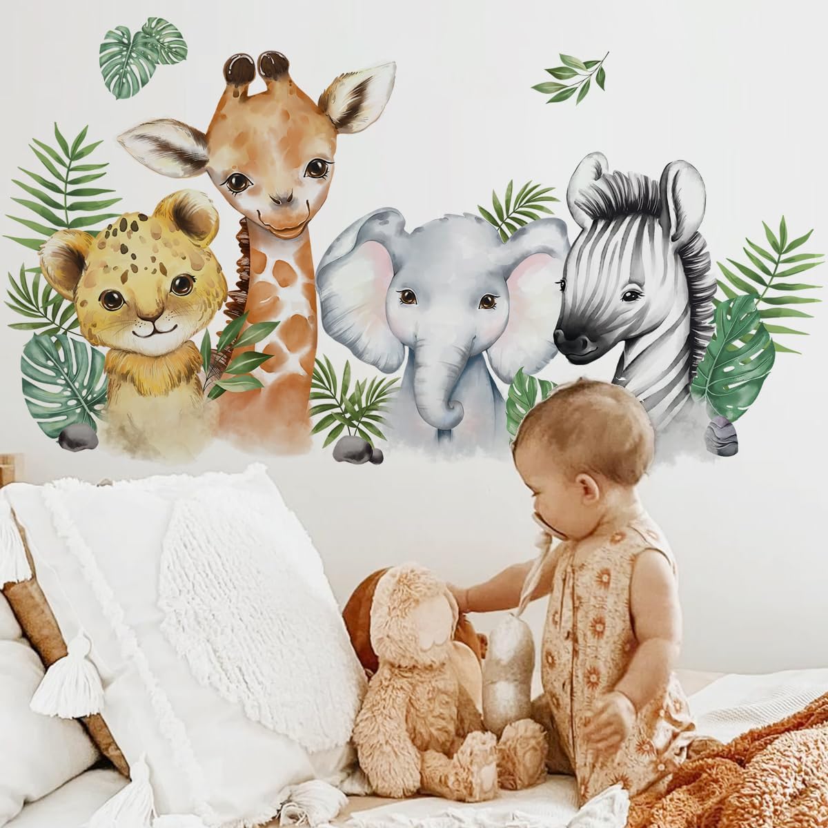 clothmile watercolor jungle animals wall stickers nursery-decor creates imaginative play and bedtime ambiance.