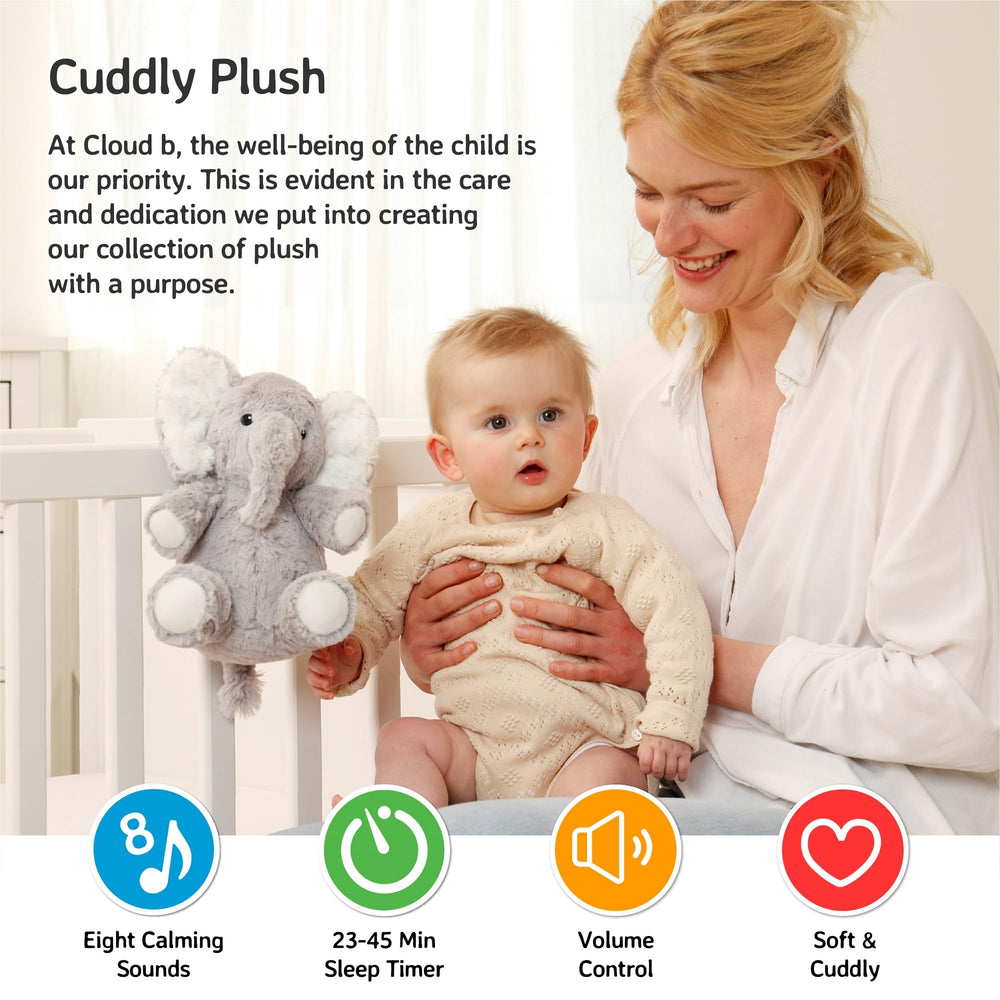 Cloud b Elliot Elephant On The Go stroller clip enables travel calm with on the go sounds