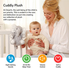 Cloud b Elliot Elephant On The Go stroller clip enables travel calm with on the go sounds