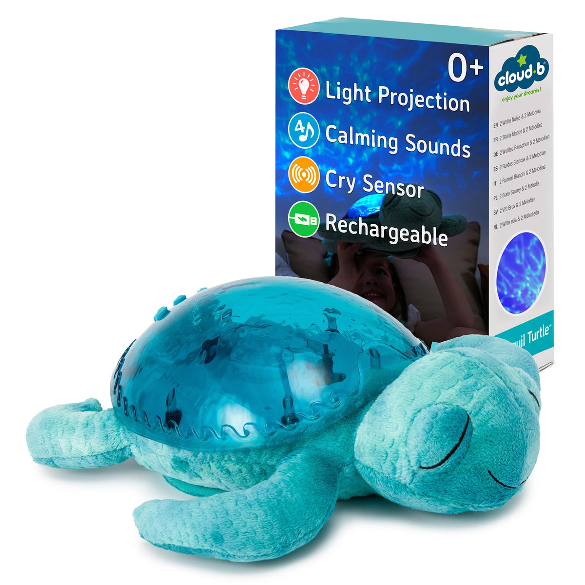 Cloud b Tranquil Turtle Aqua night light projector creates soothing ocean visuals for baby