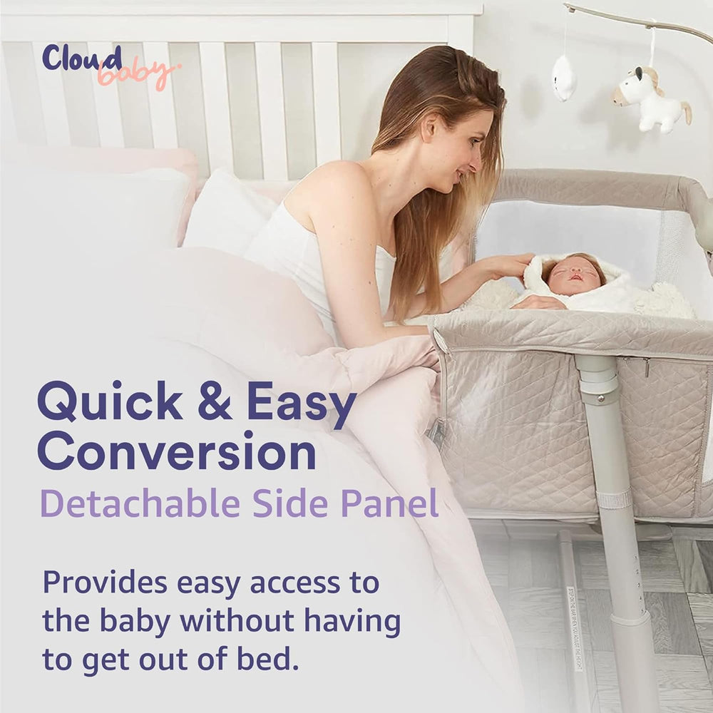 Cloud Baby Bedside Bassinet aluminum frame stays sturdy yet lightweight.