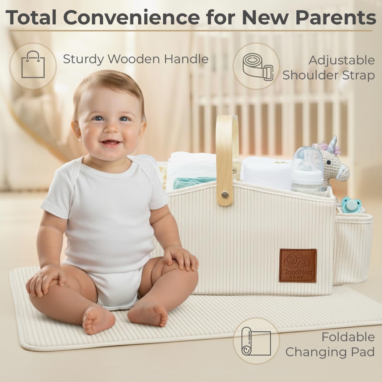 Cloud Nest Baby open-top design offers quick access to essentials.