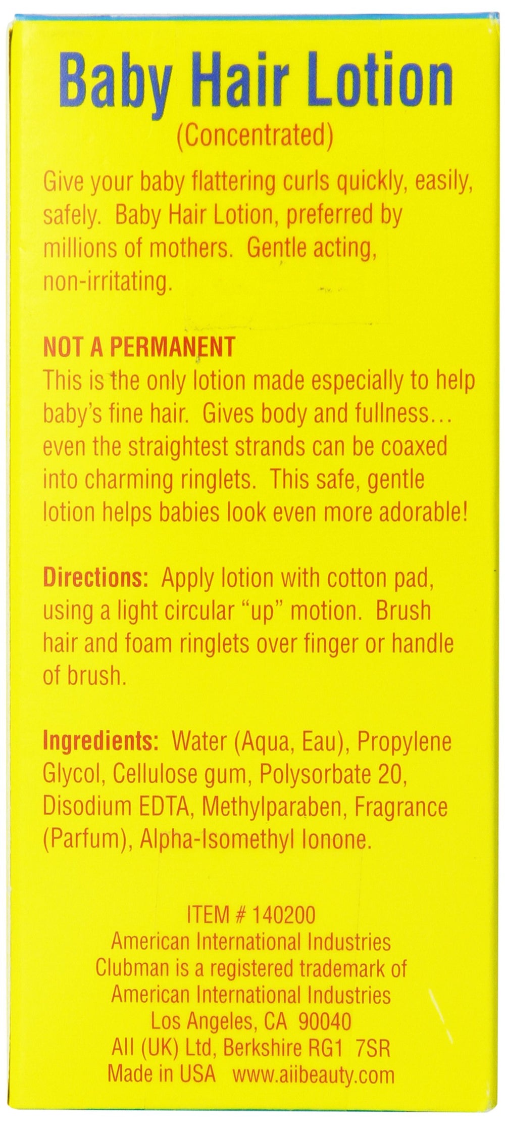 Clubman Baby Hair Lotion demonstrates soft curl definition on delicate hair.