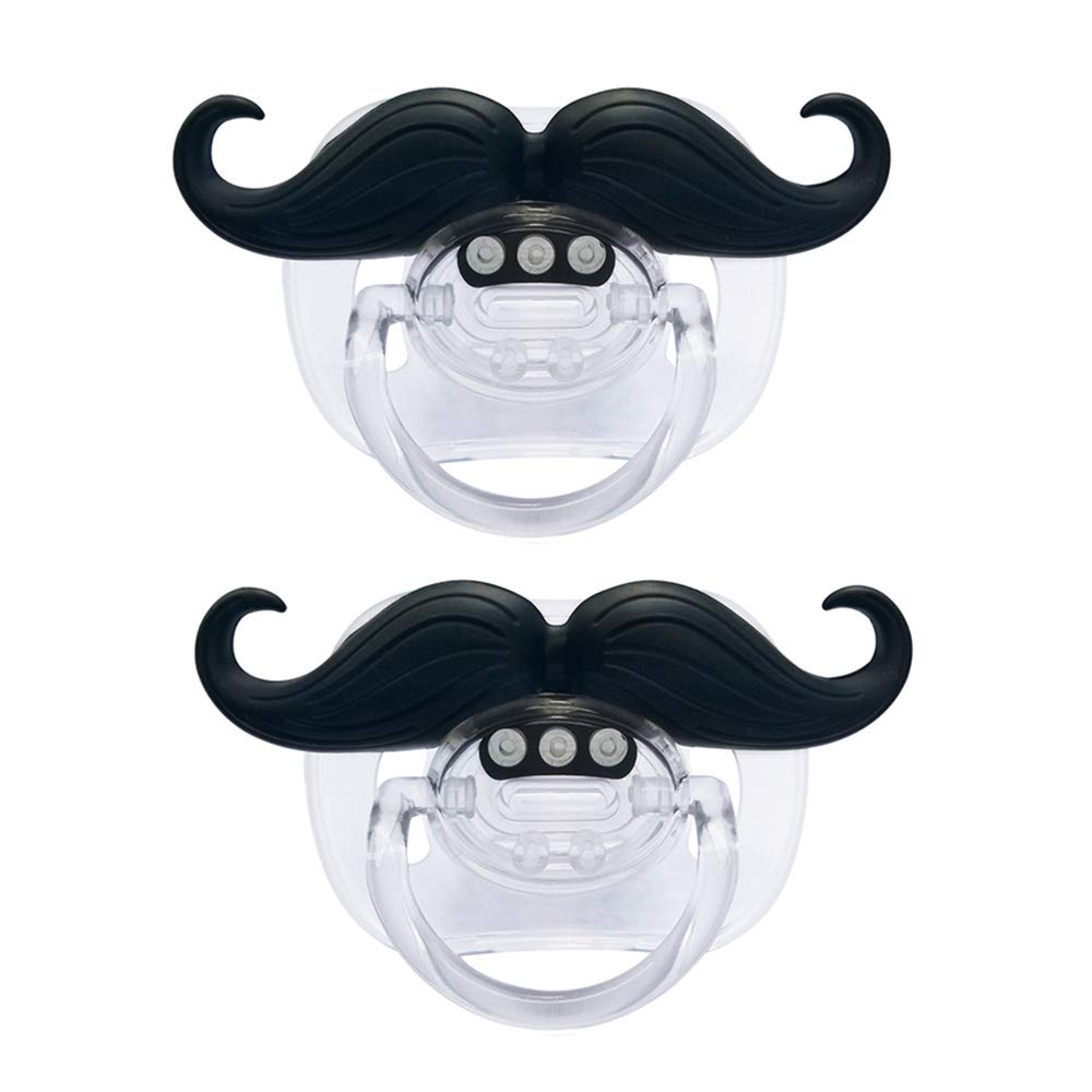 Cluckyu mustache pacifier front view calms babies at nap time