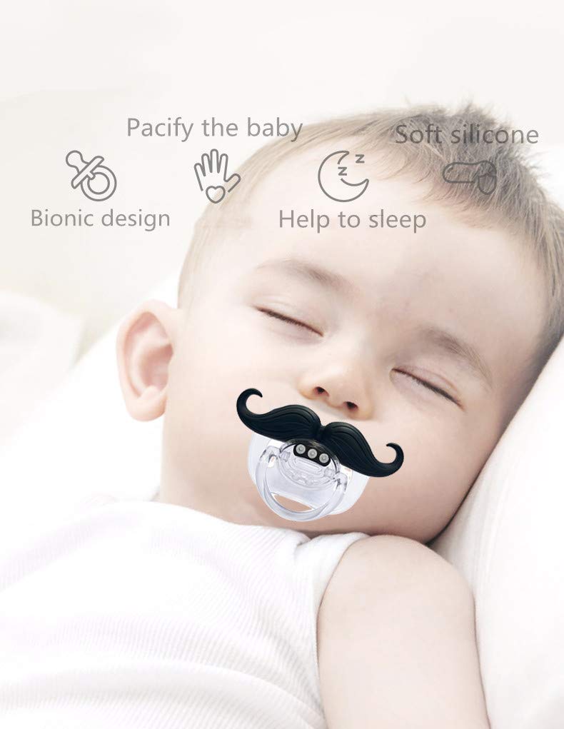 Cluckyu mustache pacifier nipple close-up shows BPA-free silicone