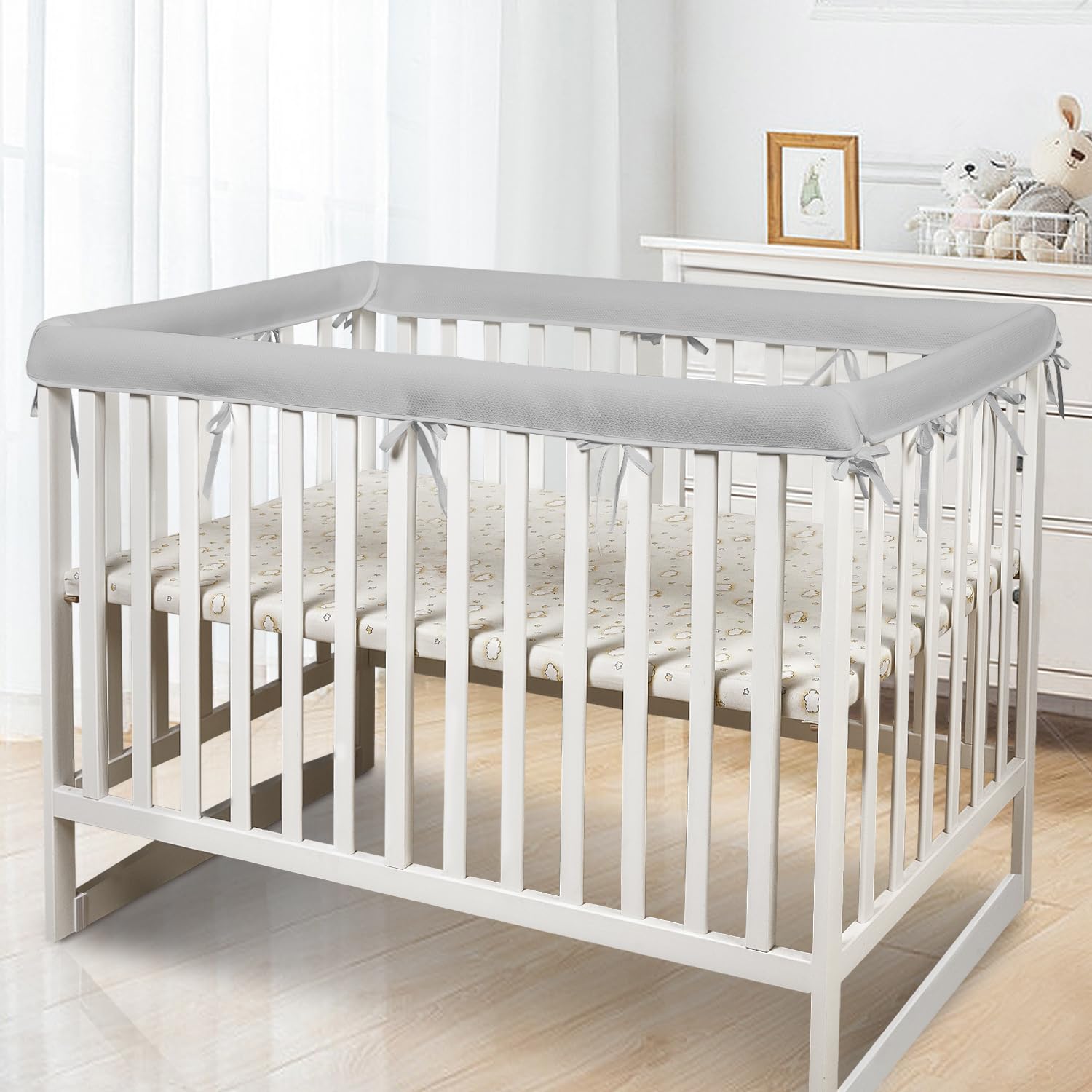 CLYCSRC 4pc mesh sets gray-4 crib-rail-cover angled view shows breathable protection.