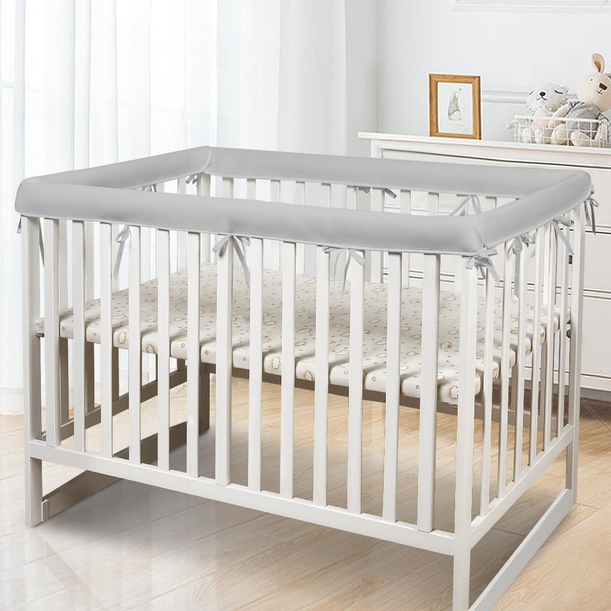 CLYCSRC 4pc mesh sets gray-4 crib-rail-cover angled view shows breathable protection.