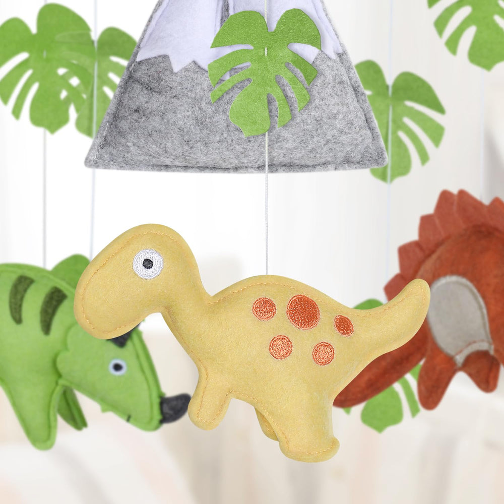 CLYMENE gender-neutral dinosaur mobile in neutral tones complements unisex nursery decor.