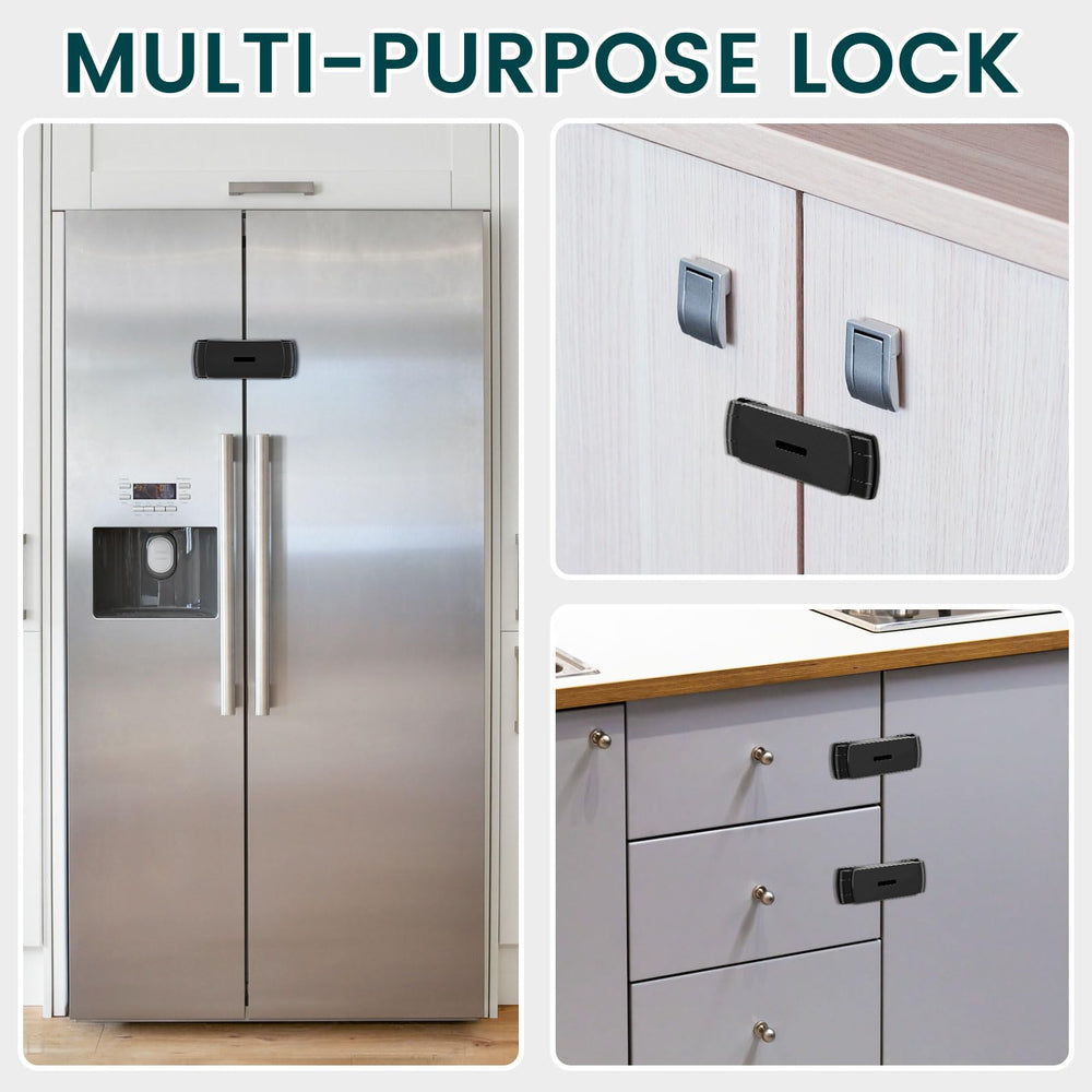 CLYMENE fridge lock installation overview shows simple setup and secure adhesive bond