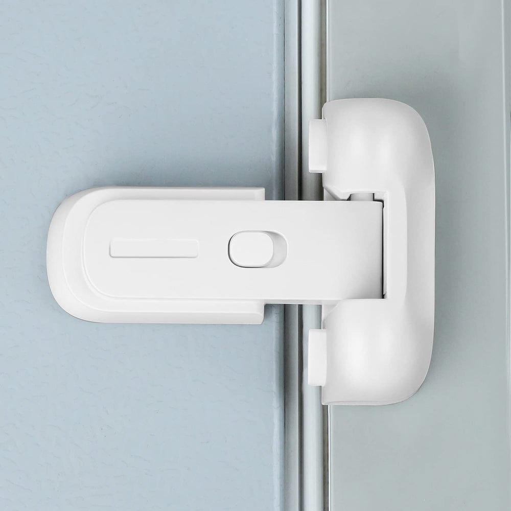CLYMENE refrigerator door lock in white, front view showing secure child safety latch