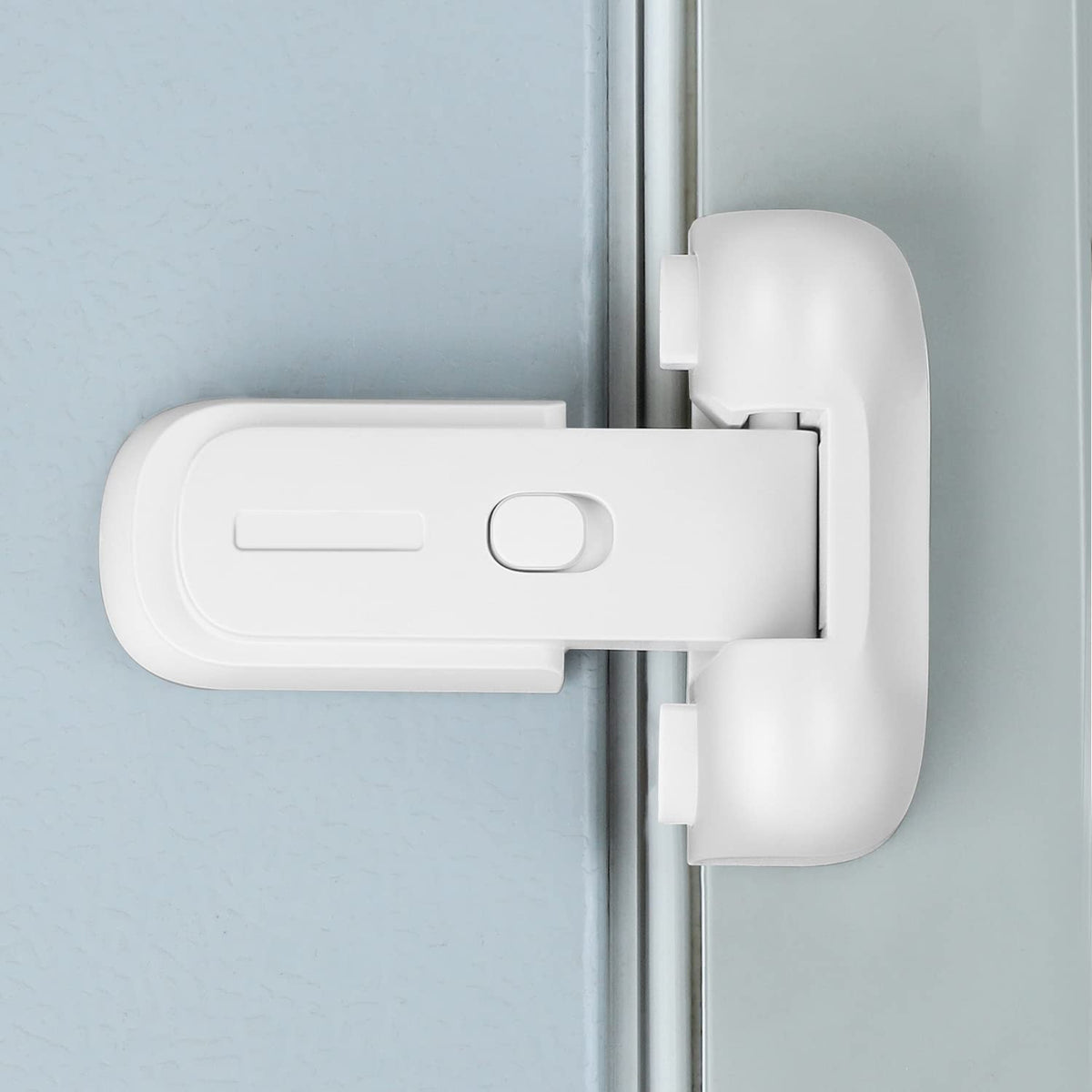 CLYMENE refrigerator door lock in white, front view showing secure child safety latch