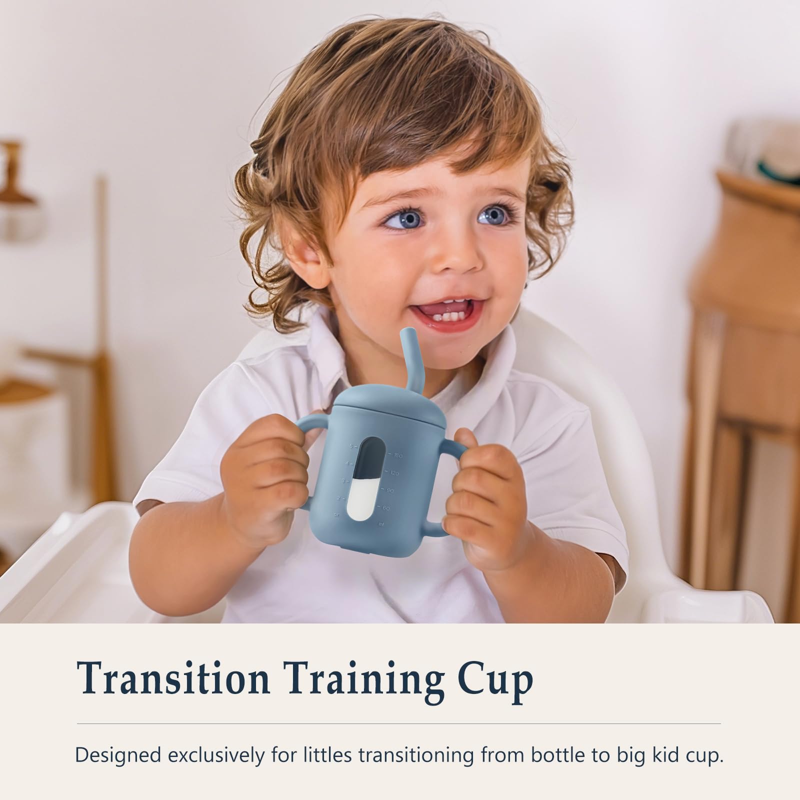 CLYMENE dishwasher-safe and microwave-safe training cup for quick cleanup.