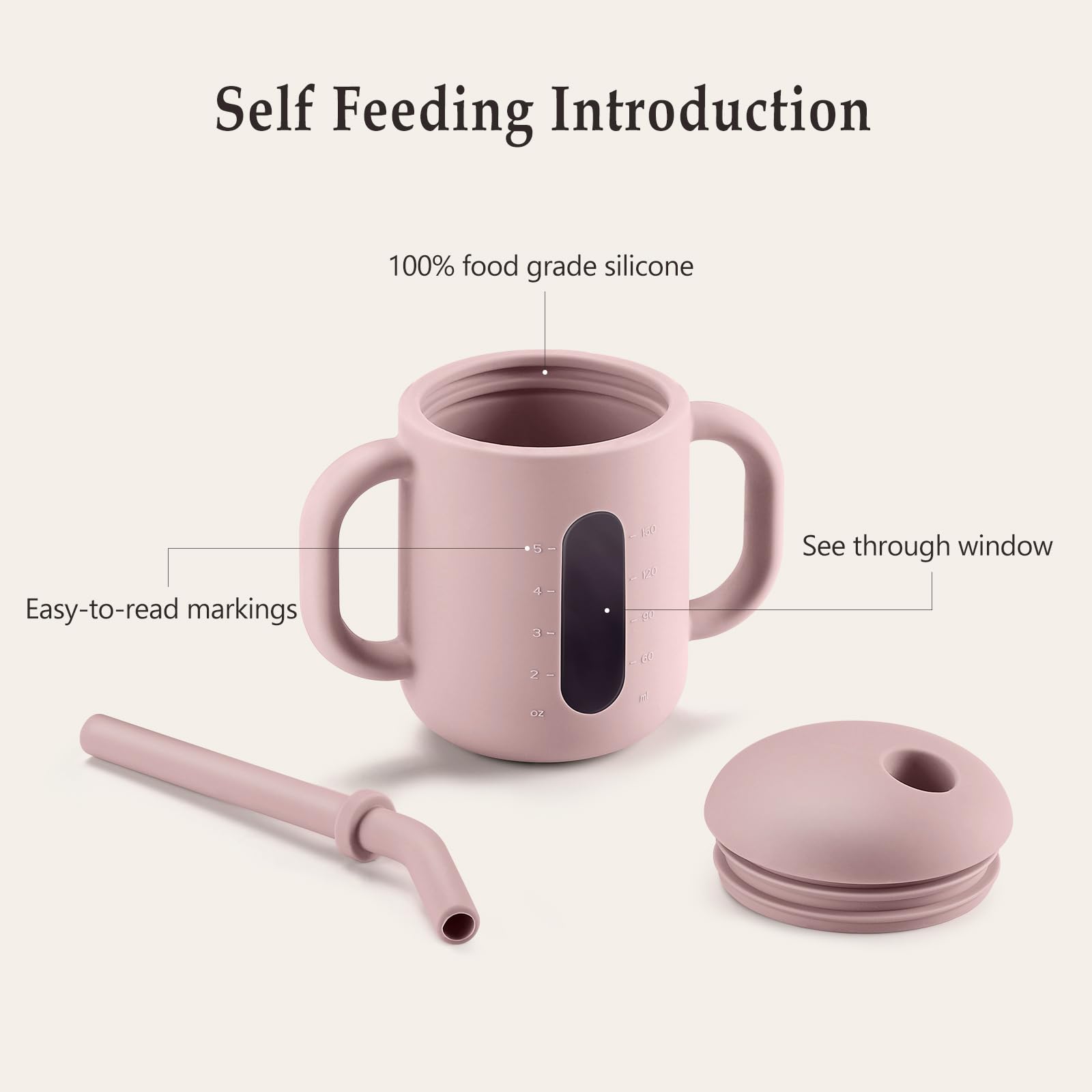 CLYMENE silicone training cup with straw and handles supports tiny hands learning to sip independently.