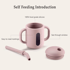 CLYMENE silicone training cup with straw and handles supports tiny hands learning to sip independently.