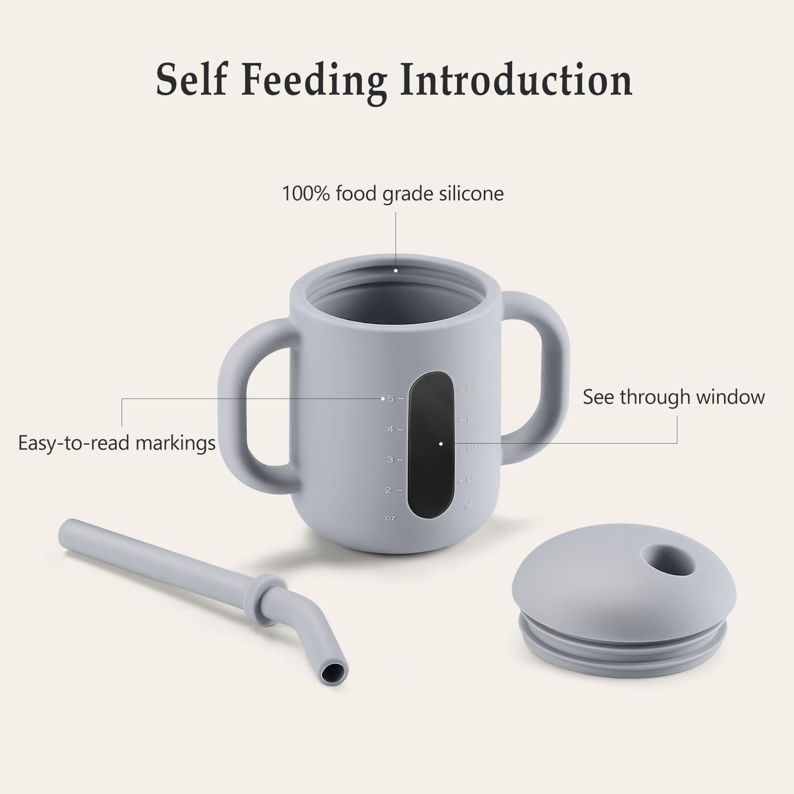 CLYMENE silicone training cup with straw and handles promotes easy gripping for toddlers.