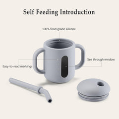CLYMENE silicone training cup with straw and handles promotes easy gripping for toddlers.