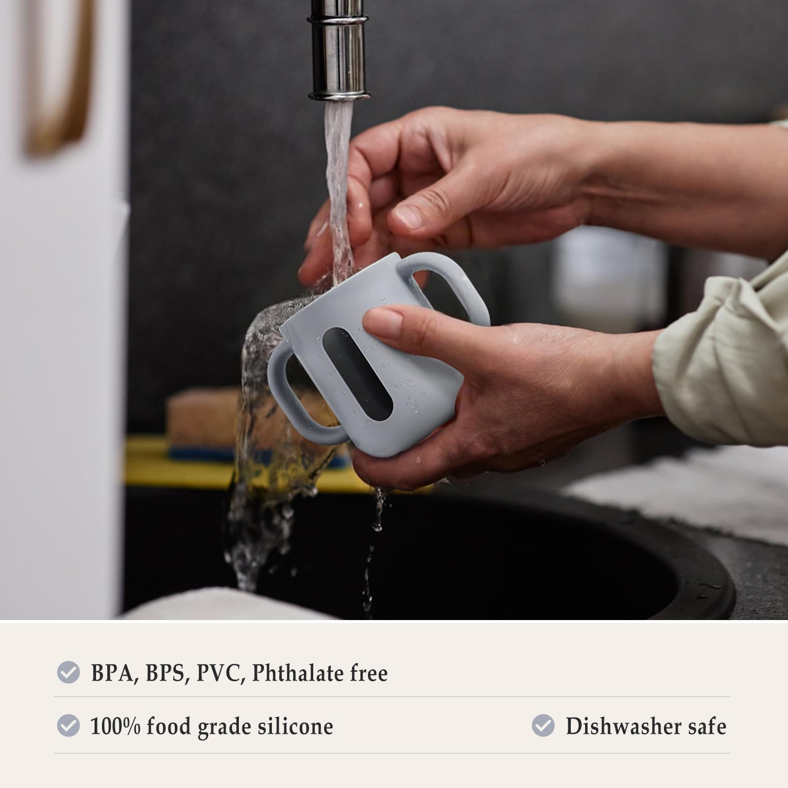 CLYMENE silicone cup features a lightly weighted base for stability.