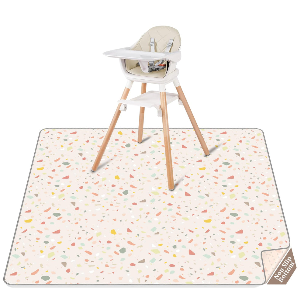 CLYMENE Splat Mat under high chair protects floors during meals, Terrazzo Treasure style.