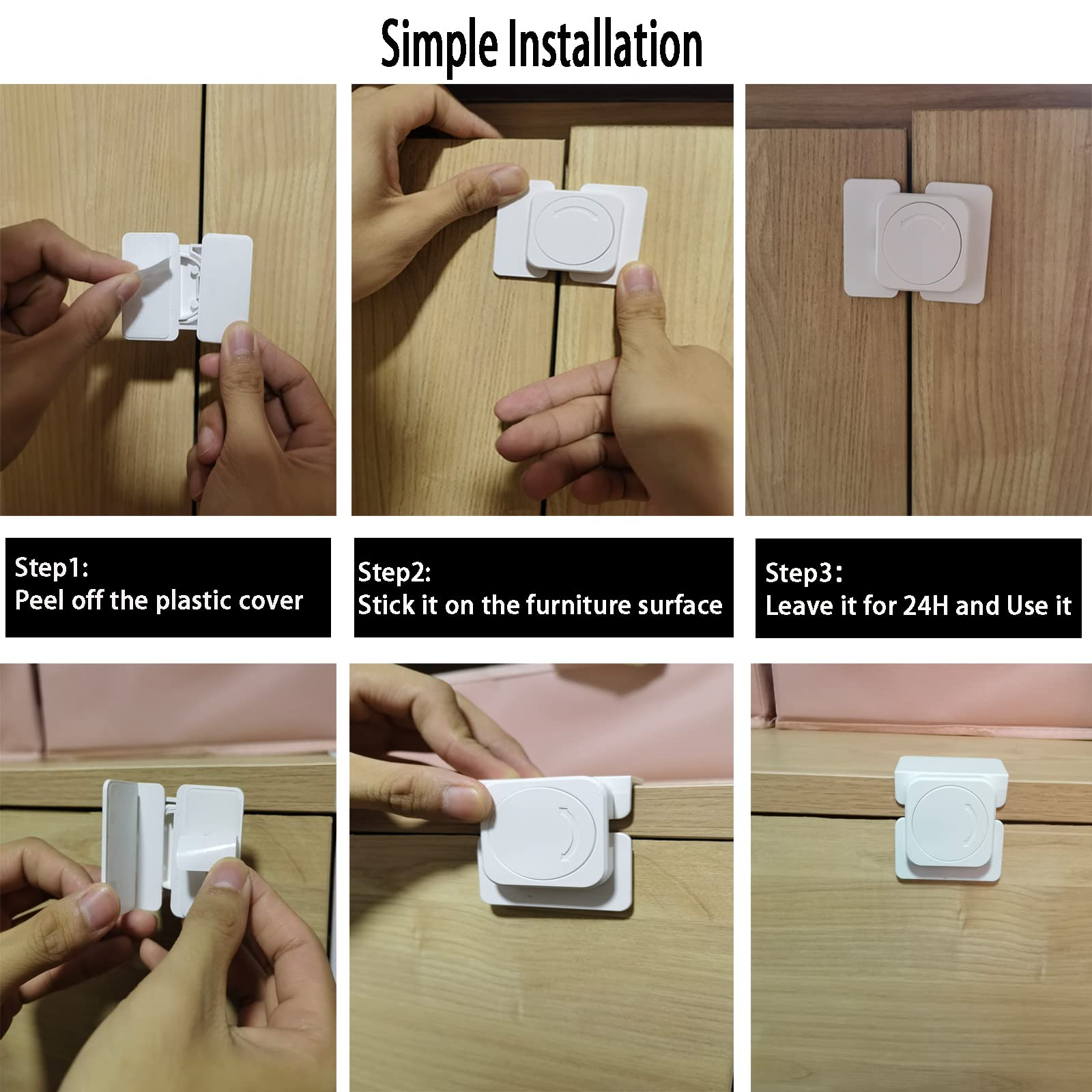 CMINGJ cabinet lock installation steps show no-drill, tool-free setup.