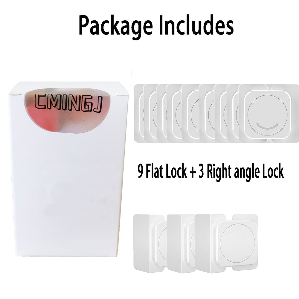 CMINGJ cabinet lock pack-shot highlights 12-pack with 9 flat and 3 right-angle locks.