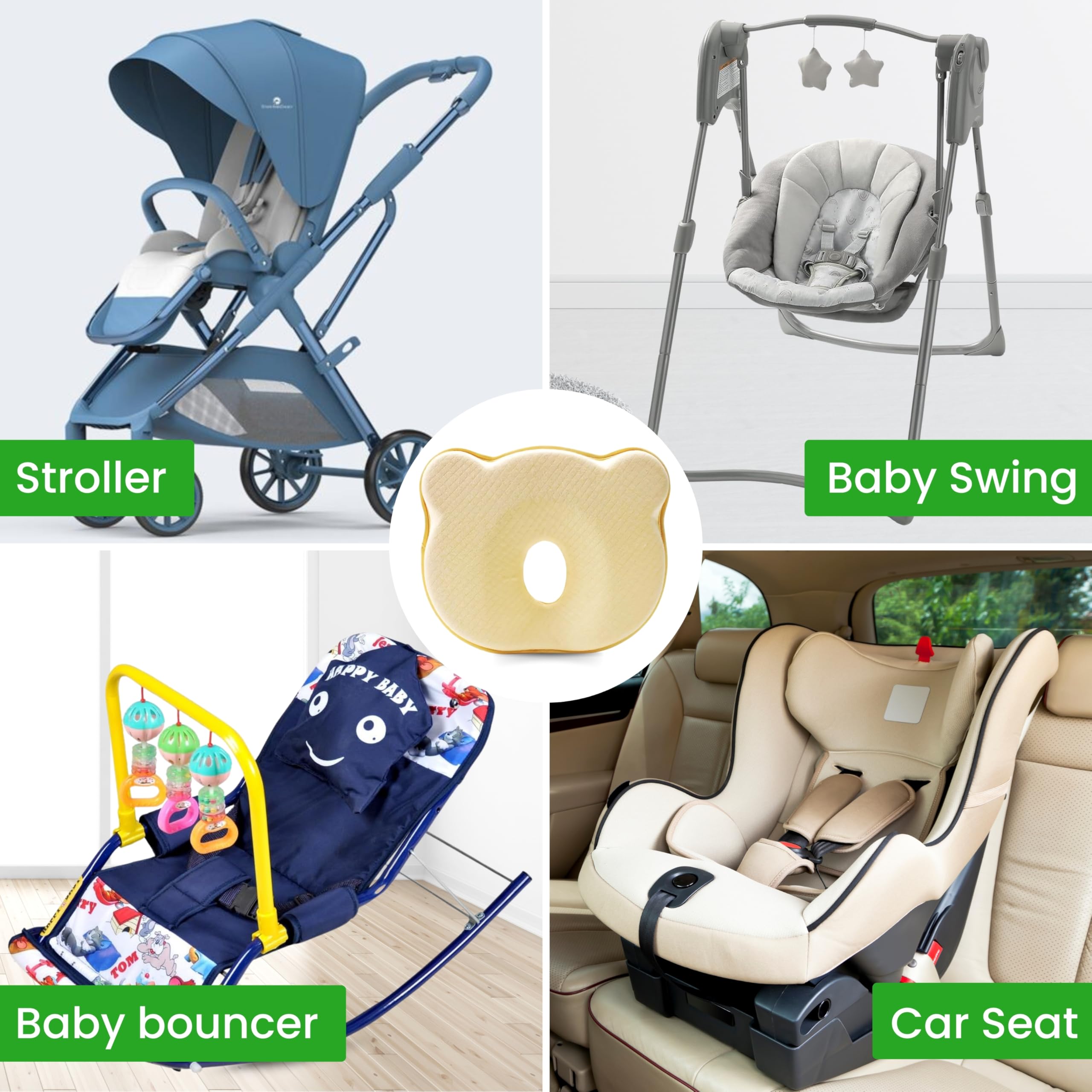 CMJ PRO premium baby pillow in-stroller-use scene demonstrating versatile sleep support