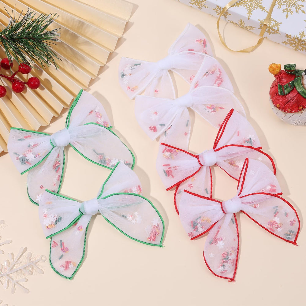 CN 6pcs tulle Christmas hair bows holiday presents option for gifting.