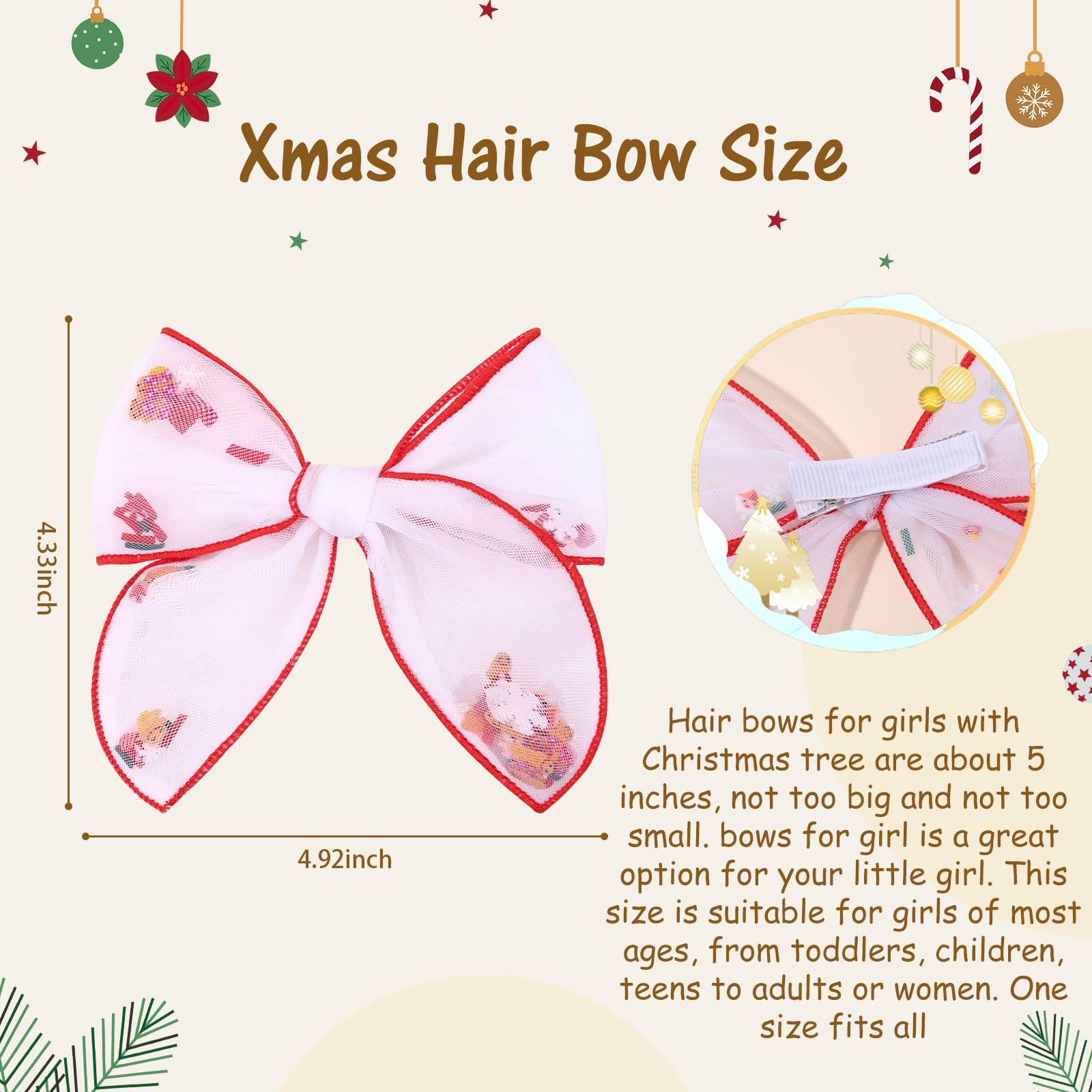 CN 6pcs tulle Christmas hair bows snowman design playful shaker effect for kids.