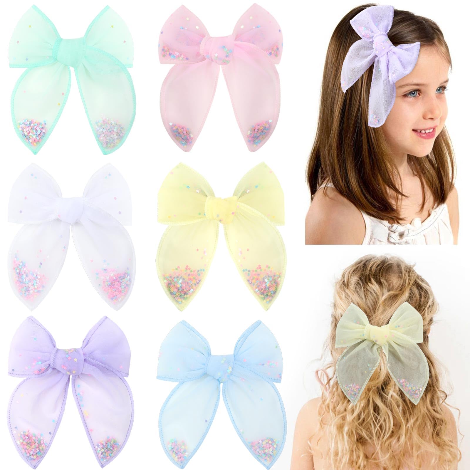 CN 6pcs tulle hair bows pink stars shaker clip enhances party-ready hairstyles