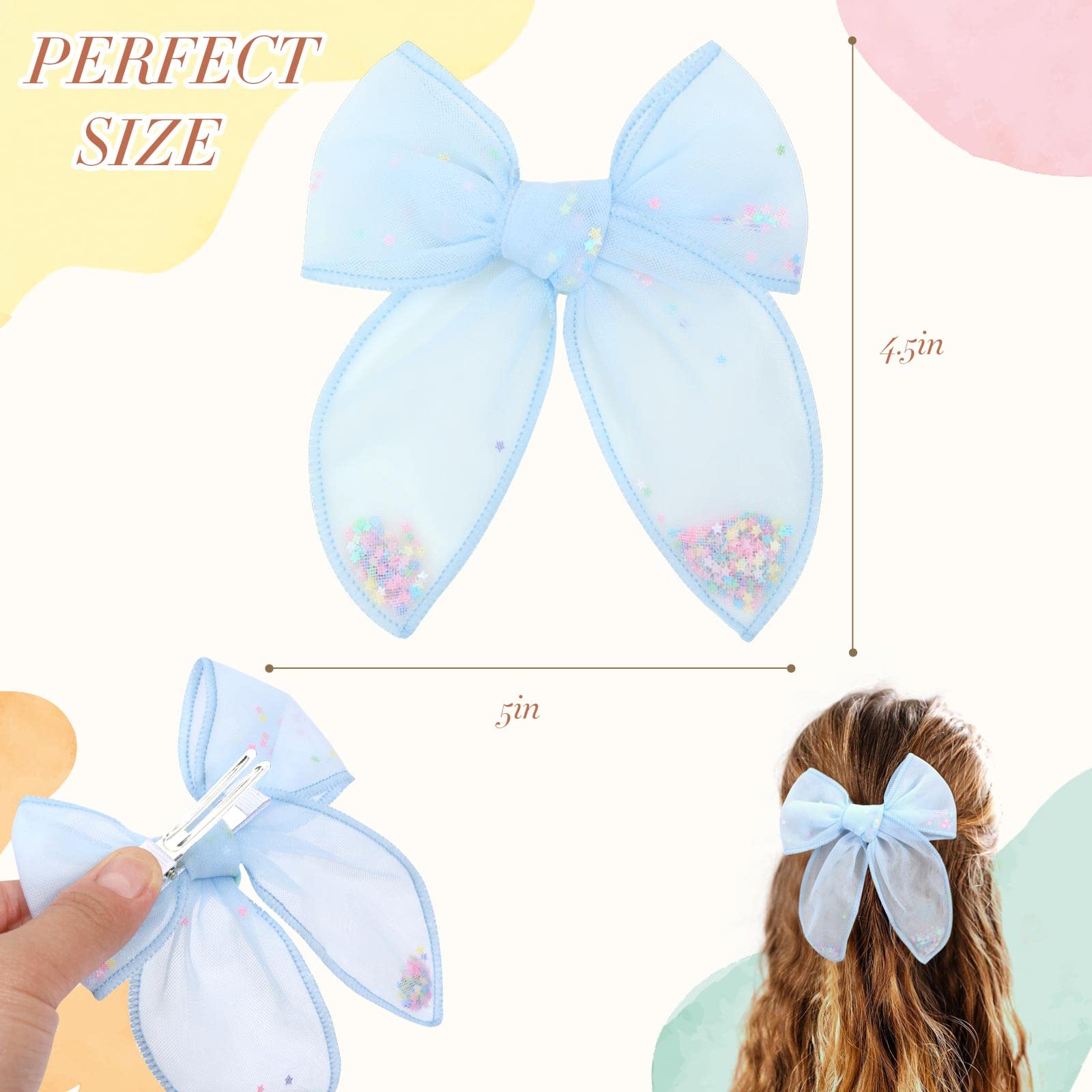 CN 6pcs tulle hair bows red stars shaker clip bold color pops