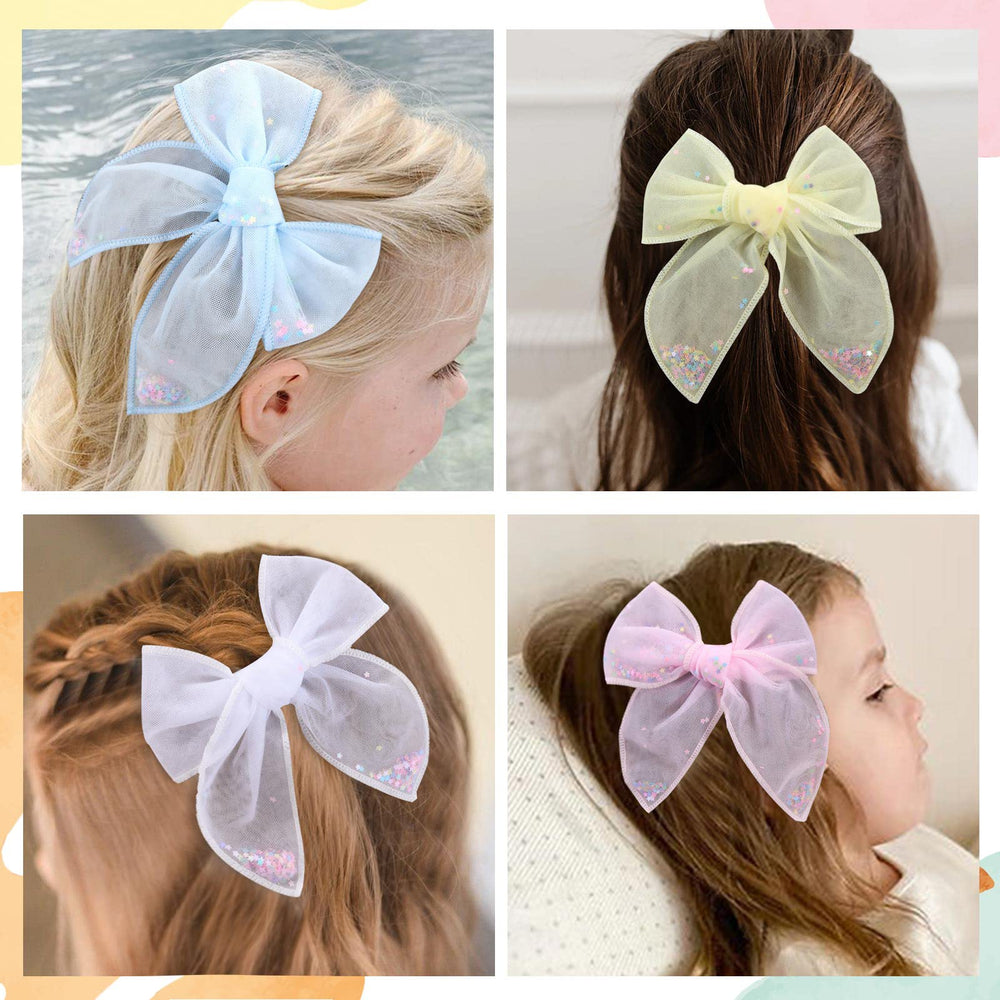 CN 6pcs tulle hair bows white stars shaker clip adds delicate sparkle for everyday wear