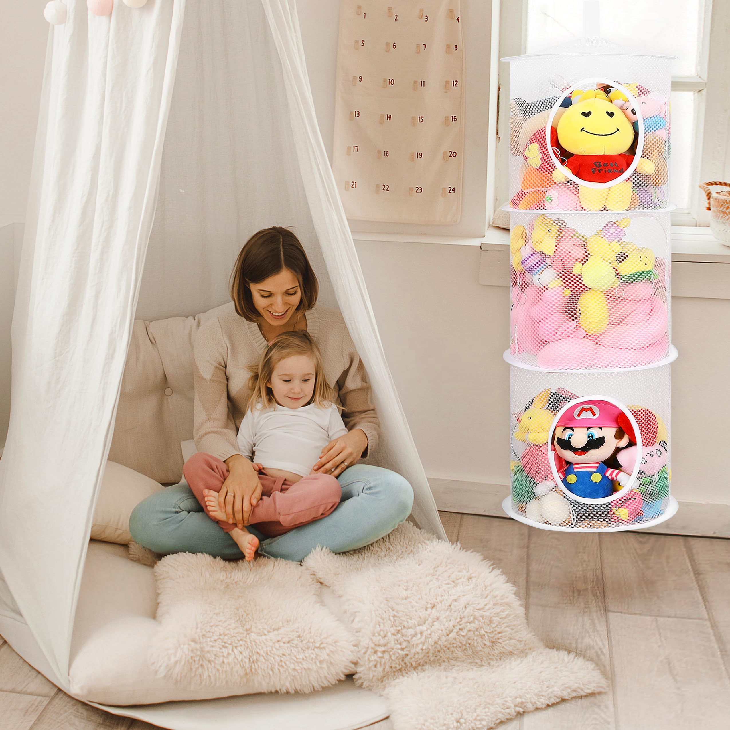 Coastal Rose foldable mesh hammock for easy, space-saving toy storage.