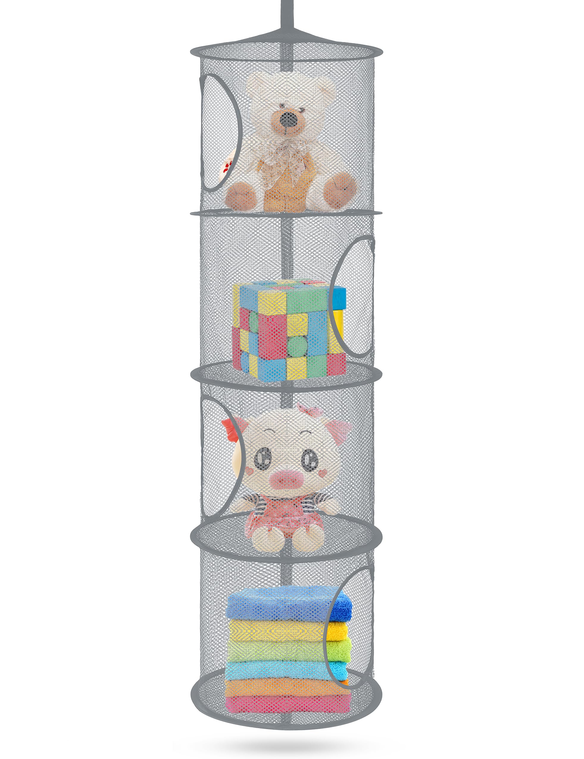 Coastal Rose gray hanging storage blends with kid rooms.
