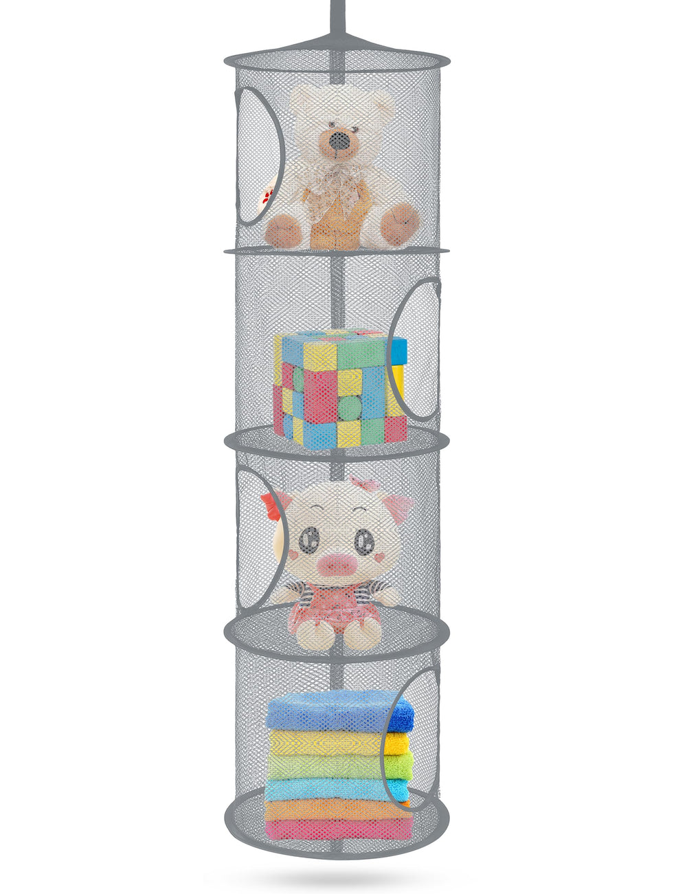 Coastal Rose gray hanging storage blends with kid rooms.