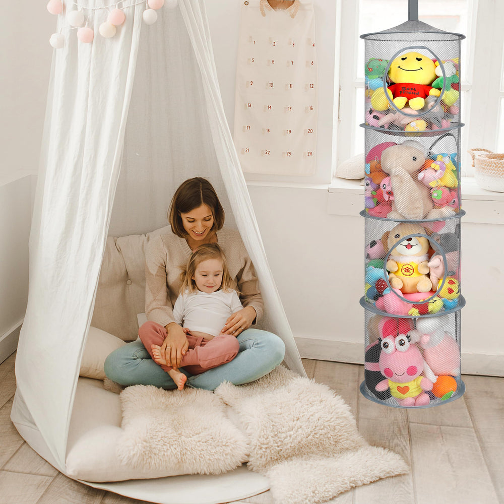 Coastal Rose hanging mesh net with four compartments keeps toys organized and visible.