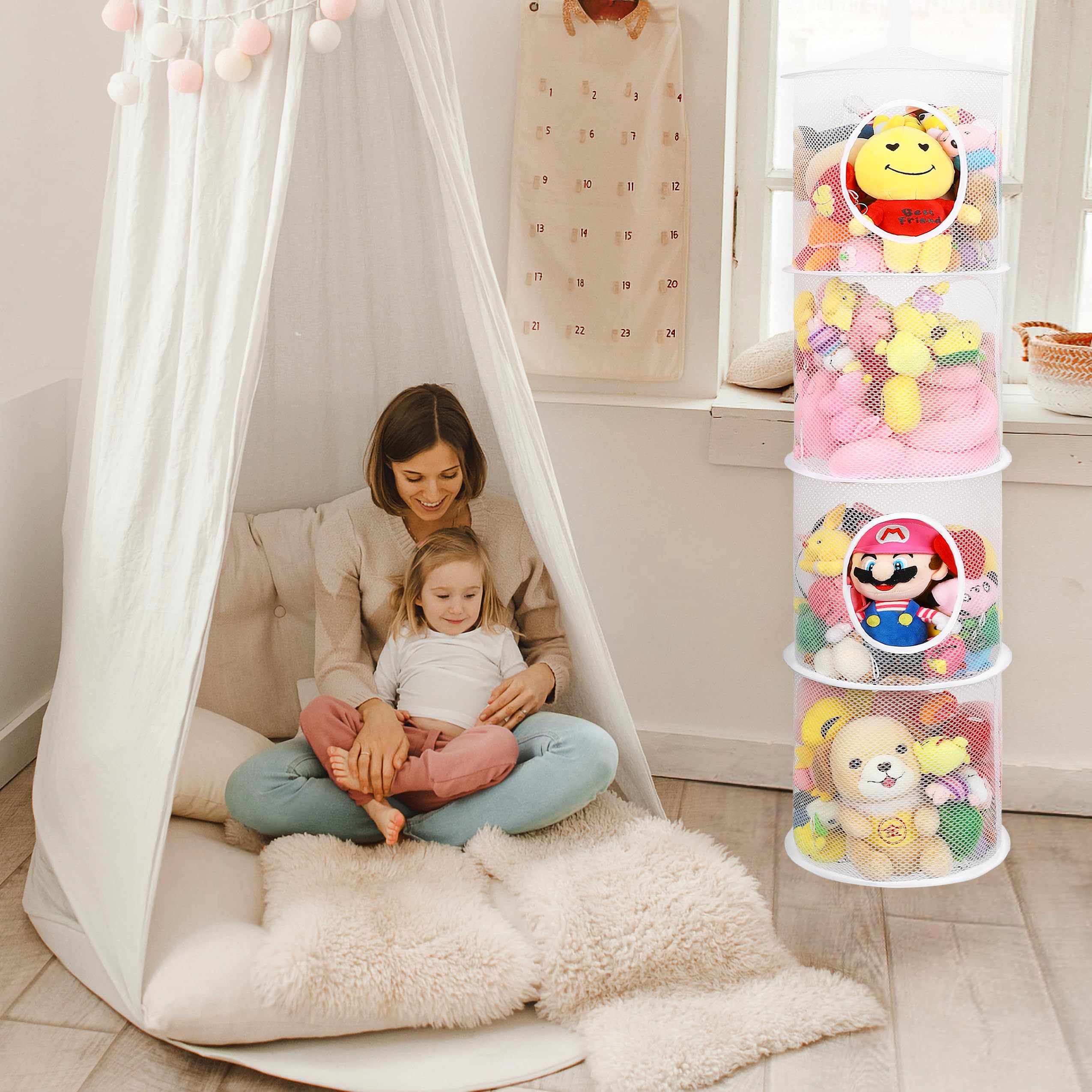 Coastal Rose hanging four-compartment organizer in white, keeps toys neatly organized.