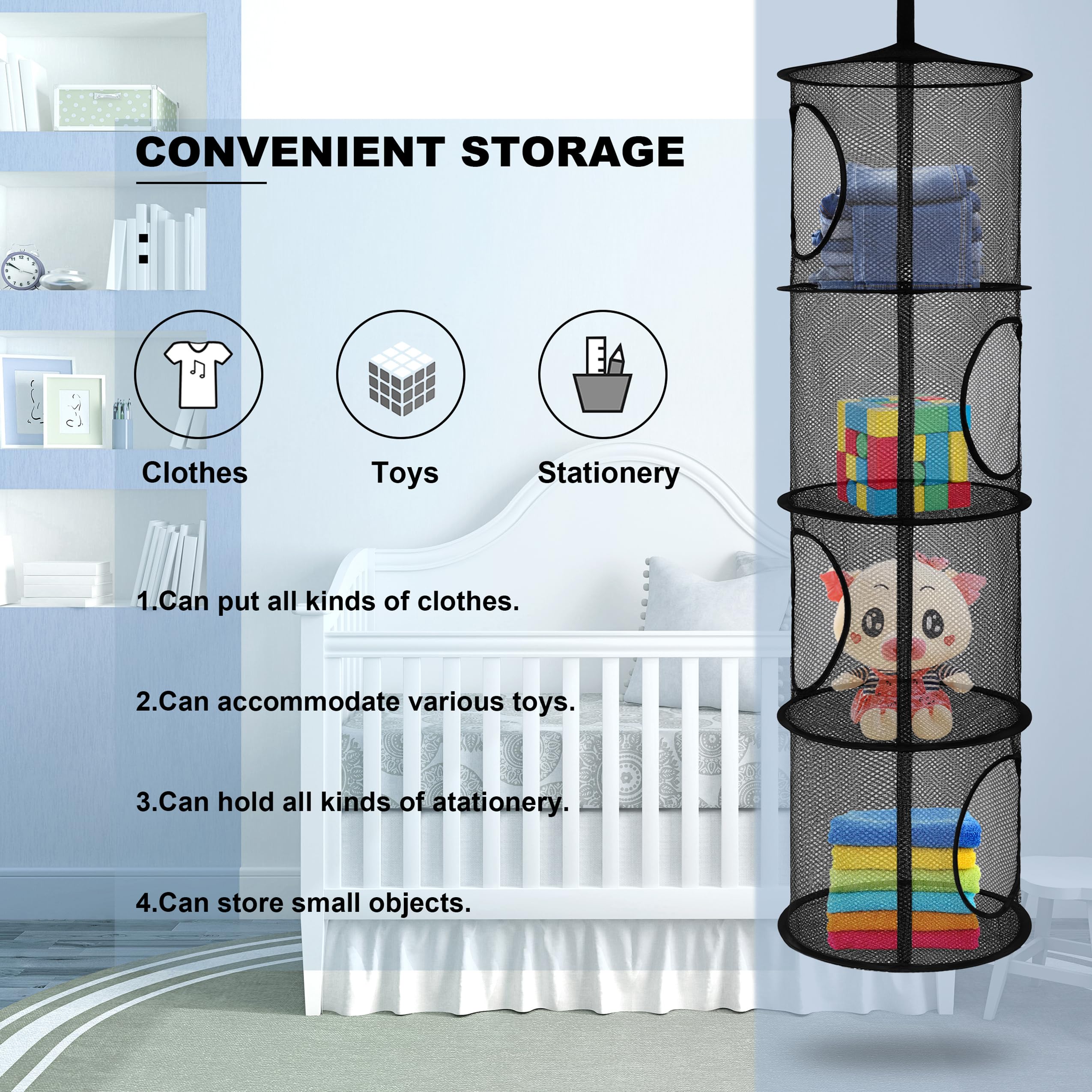Coastal Rose hanging toy storage in closet for convenient daily use.
