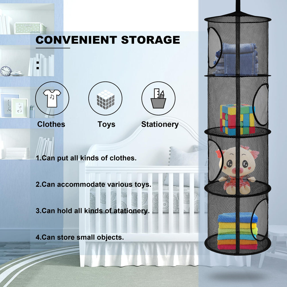 Coastal Rose hanging toy storage in closet for convenient daily use.