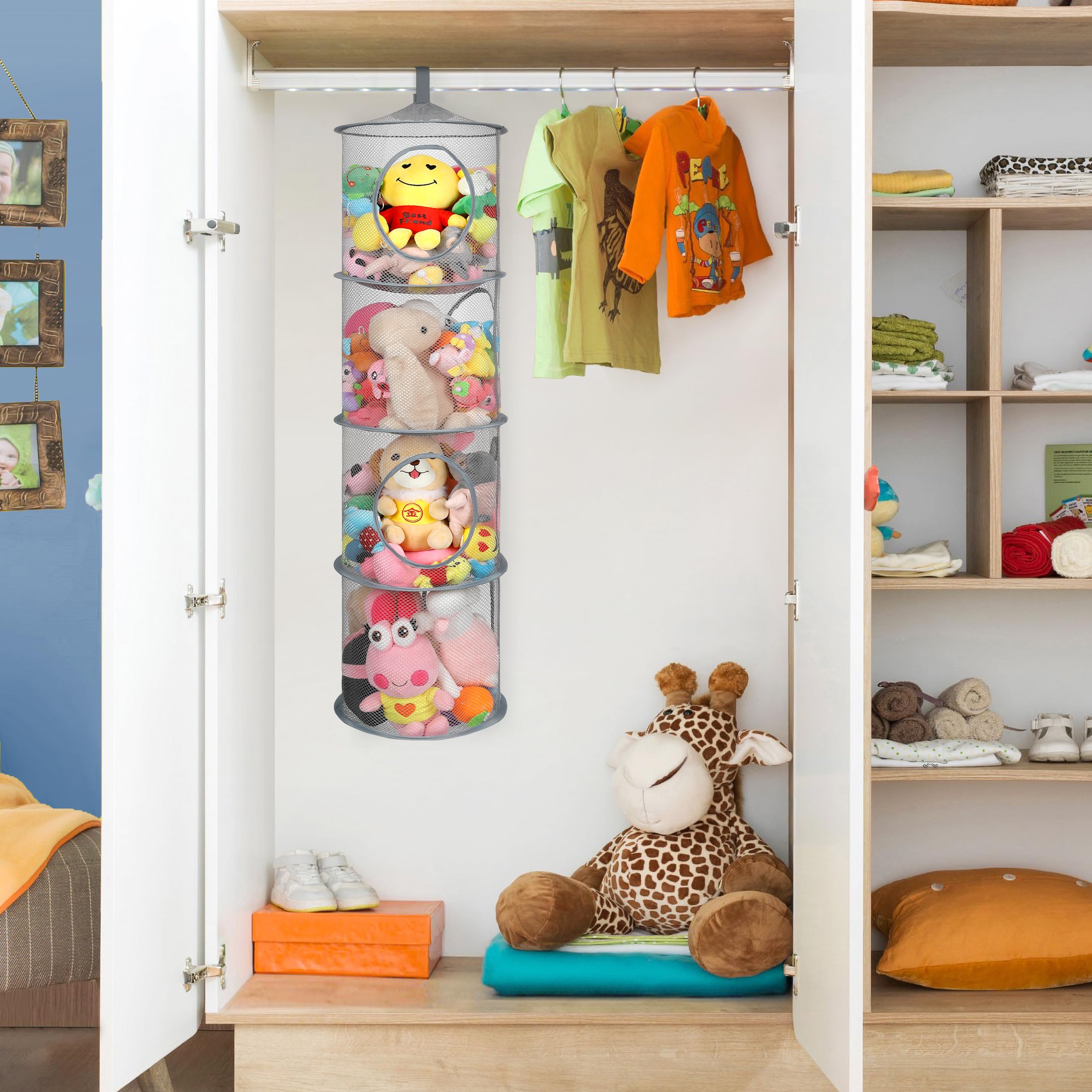 Coastal Rose space-saving mesh hammock maximizes corner storage.