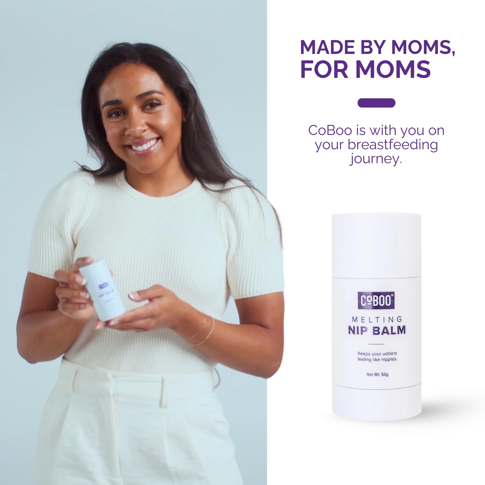 CoBoo Melting Nip Balm product-on-shelf shot appeals to breastfeeding households.