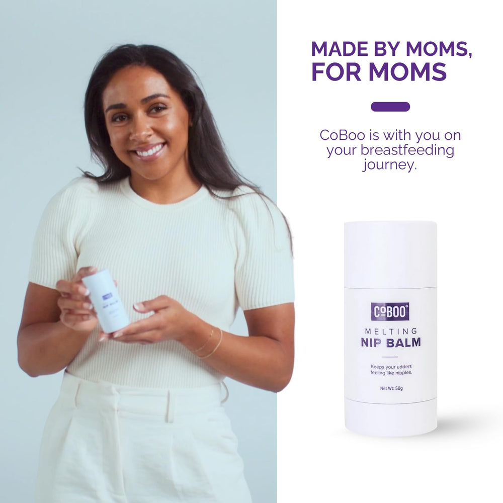CoBoo Melting Nip Balm product-on-shelf shot appeals to breastfeeding households.