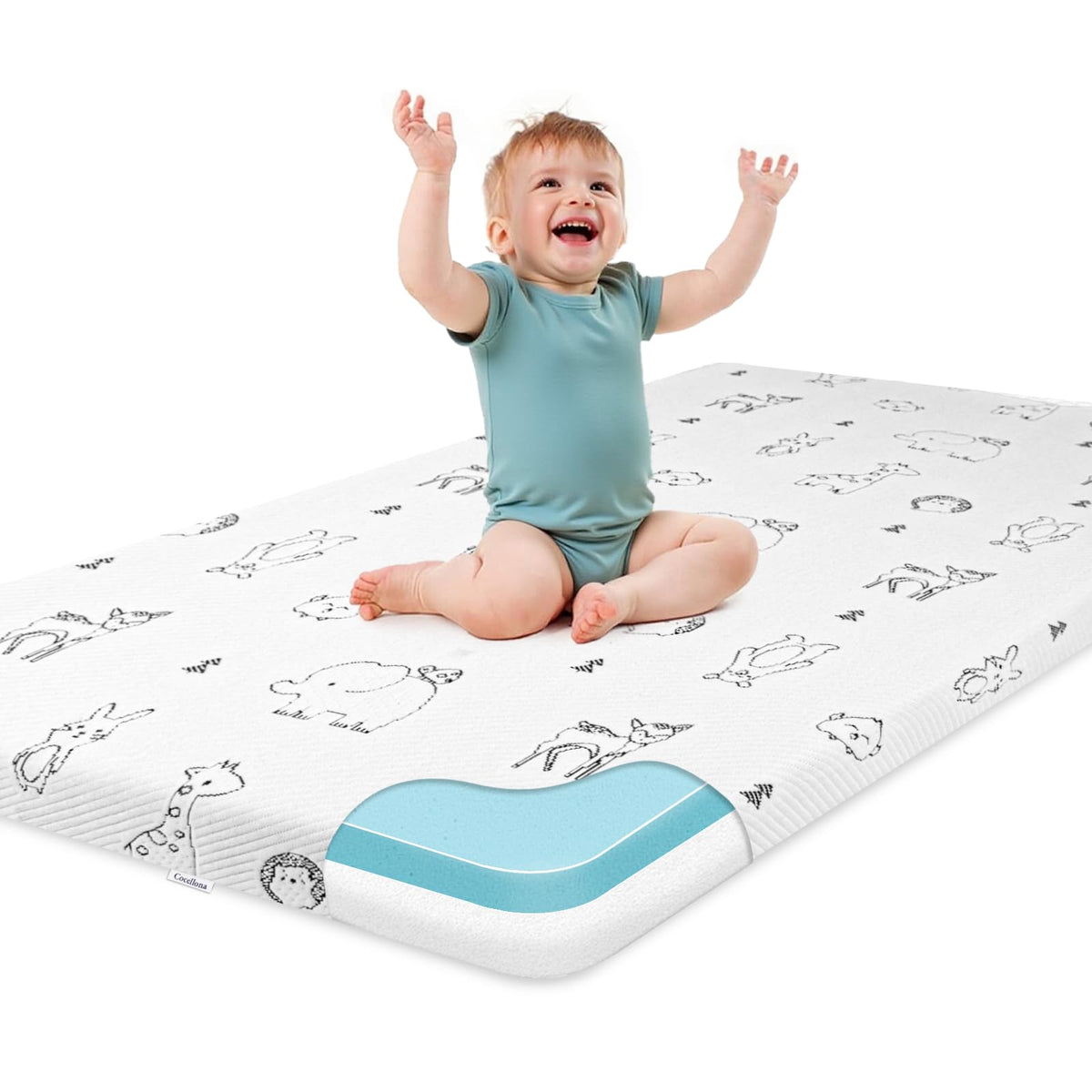 Cocellona Pack and Play Mattress top view shows snug 38x26 fit for most playards
