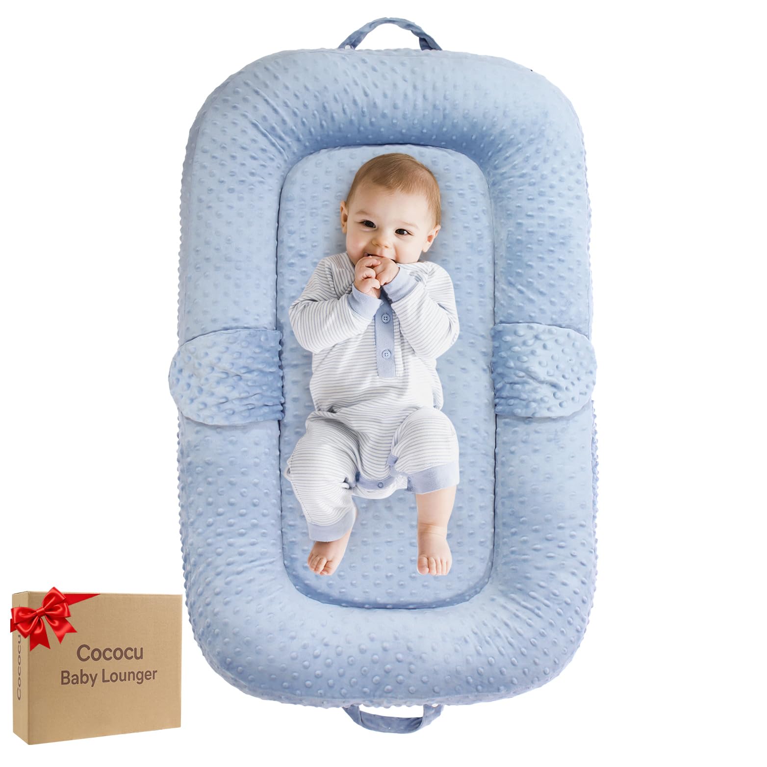 Cococu baby lounger blue front view shows secure barriers for cozy rest