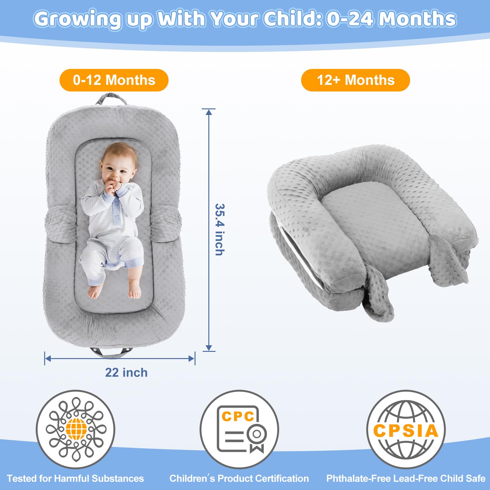 Cococu Baby Lounger Pillow 2-way zipper for easy cover removal and washing.