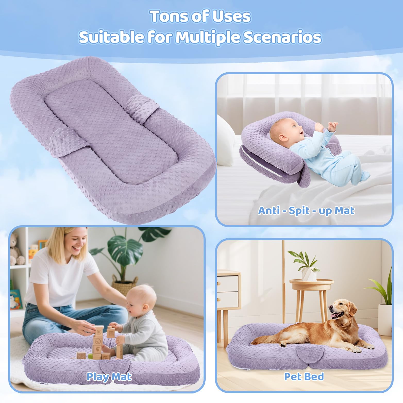 Cococu Baby Lounger with safe side barriers during tummy time demonstration.
