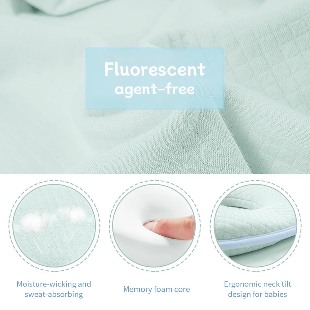 Cococu memory foam baby pillow breathable cotton cover keeps delicate skin cool.
