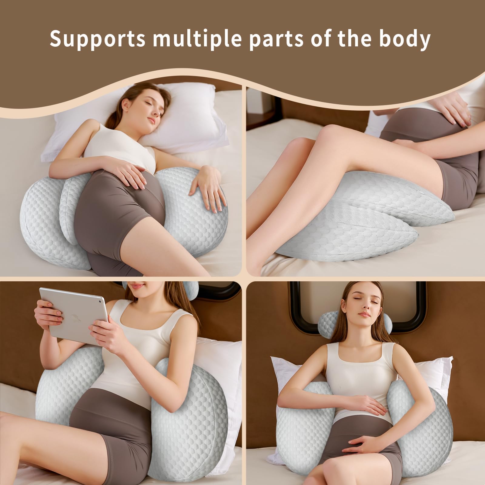 Cococu pregnancy pillow side-sleeper setup shows versatile positions.