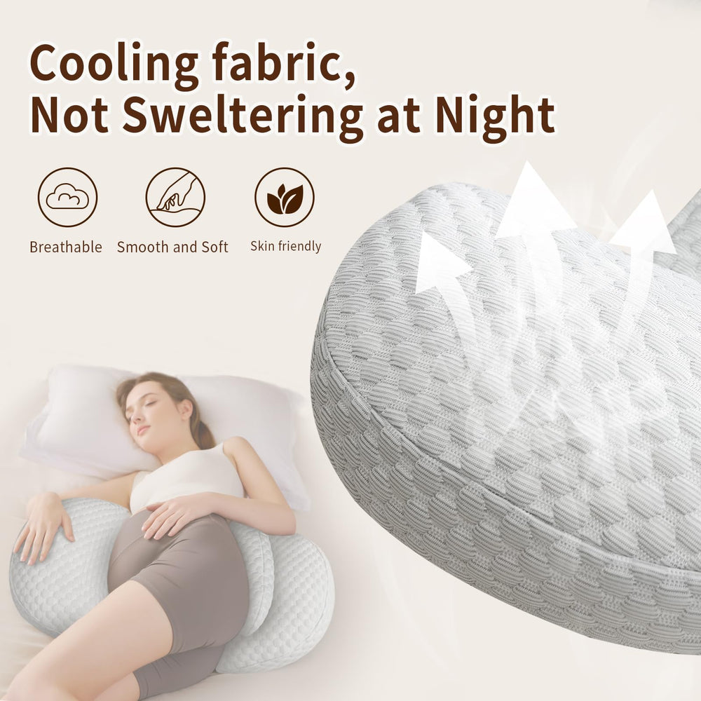 Cococu pregnancy pillow tummy-wedge at 30 degrees provides belly support.