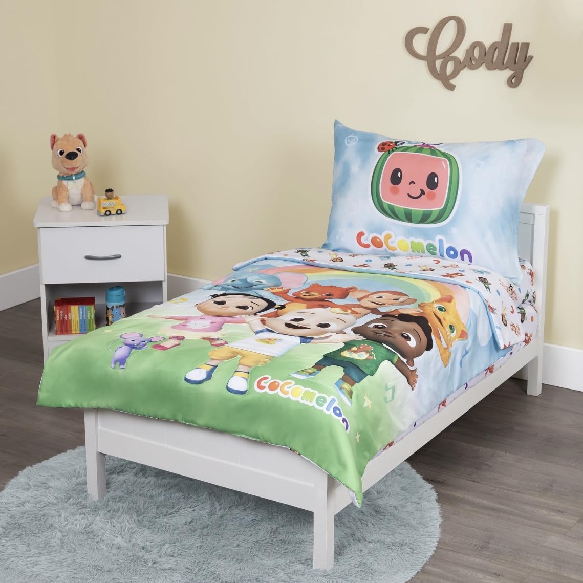 CoComelon Cute as a Rainbow duvet close-up showing soft, cozy fabric for toddlers