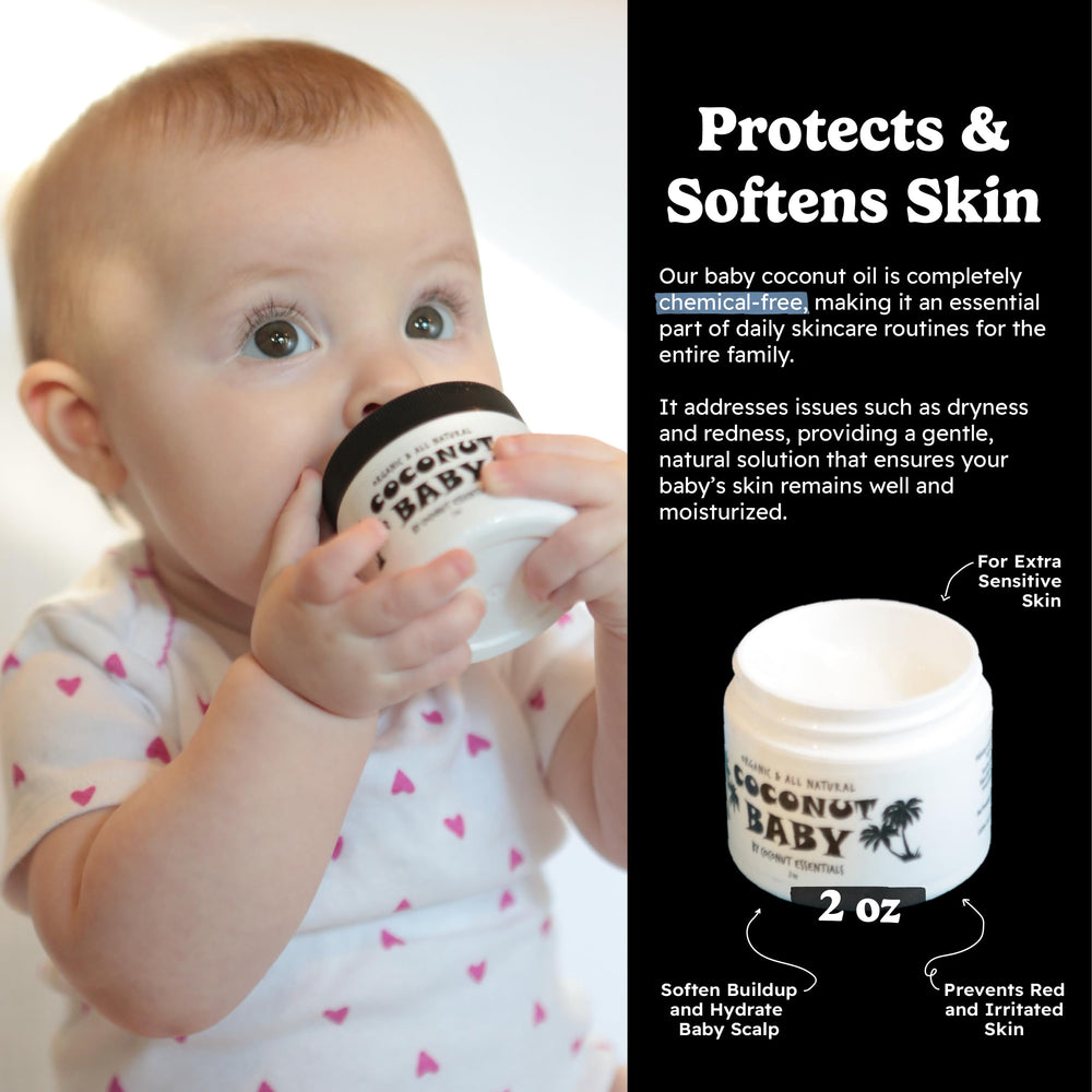 Coconut Essentials coconut baby oil on baby skin for gentle moisture